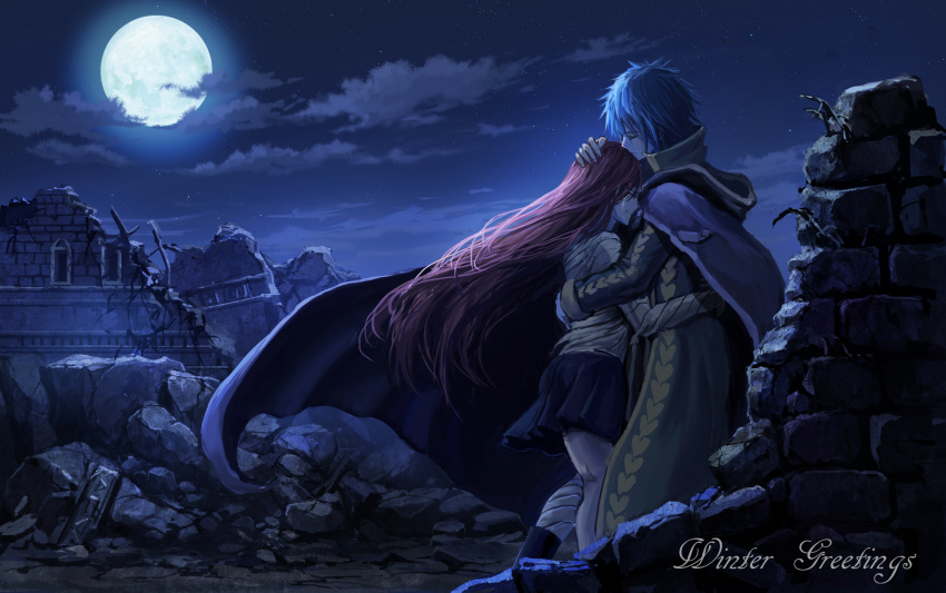 1boy 1girl absurdres bandages blue_eyes blue_skirt closed_eyes crying erza_scarlet fairy_tail hand_on_another's_head highres hug jellal_fernandes long_hair moon natuchobi night outdoors pleated_skirt redhead ruins short_hair skirt