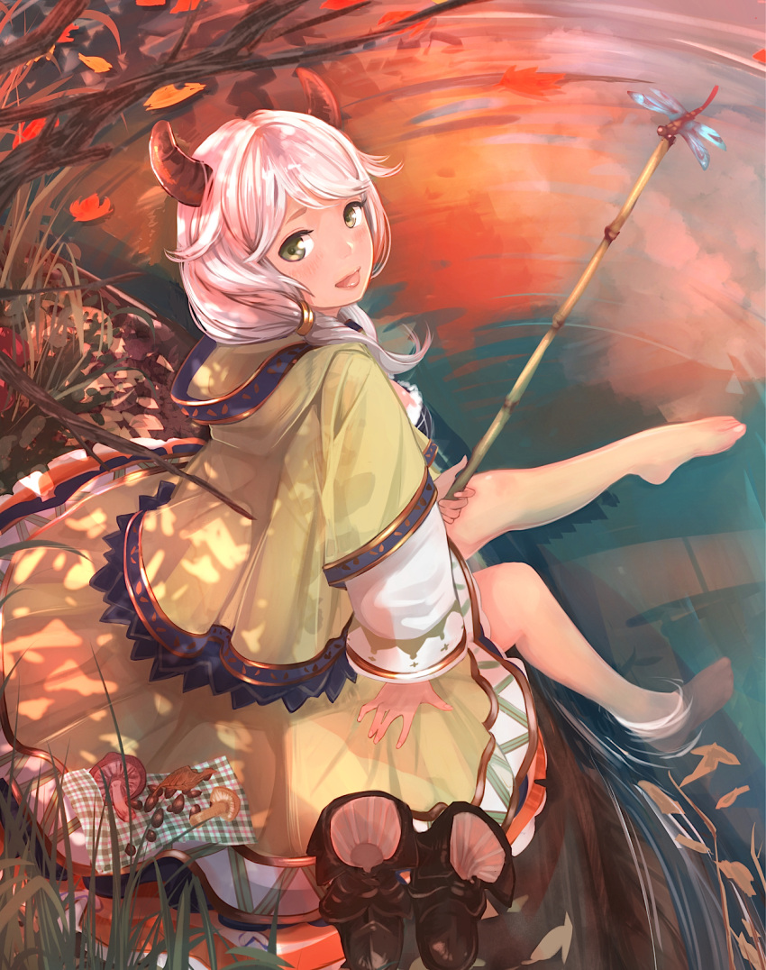 1girl :p barefoot dragonfly granblue_fantasy green_eyes highres hooded_cloak horns kumuyu leaf long_hair looking_at_viewer low_twintails mushroom natsui_tuna shoes_removed sitting solo tongue tongue_out twintails water white_hair