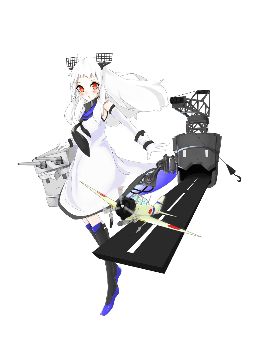 1girl a6m_zero absurdres ahoge airplane alternate_costume chestnut_mouth detached_sleeves gloves highres horns kantai_collection koppe_(sbbtpp64) long_hair looking_at_viewer machinery northern_ocean_hime pale_skin red_eyes school_uniform serafuku shinkaisei-kan simple_background solo turret white_background white_gloves white_hair