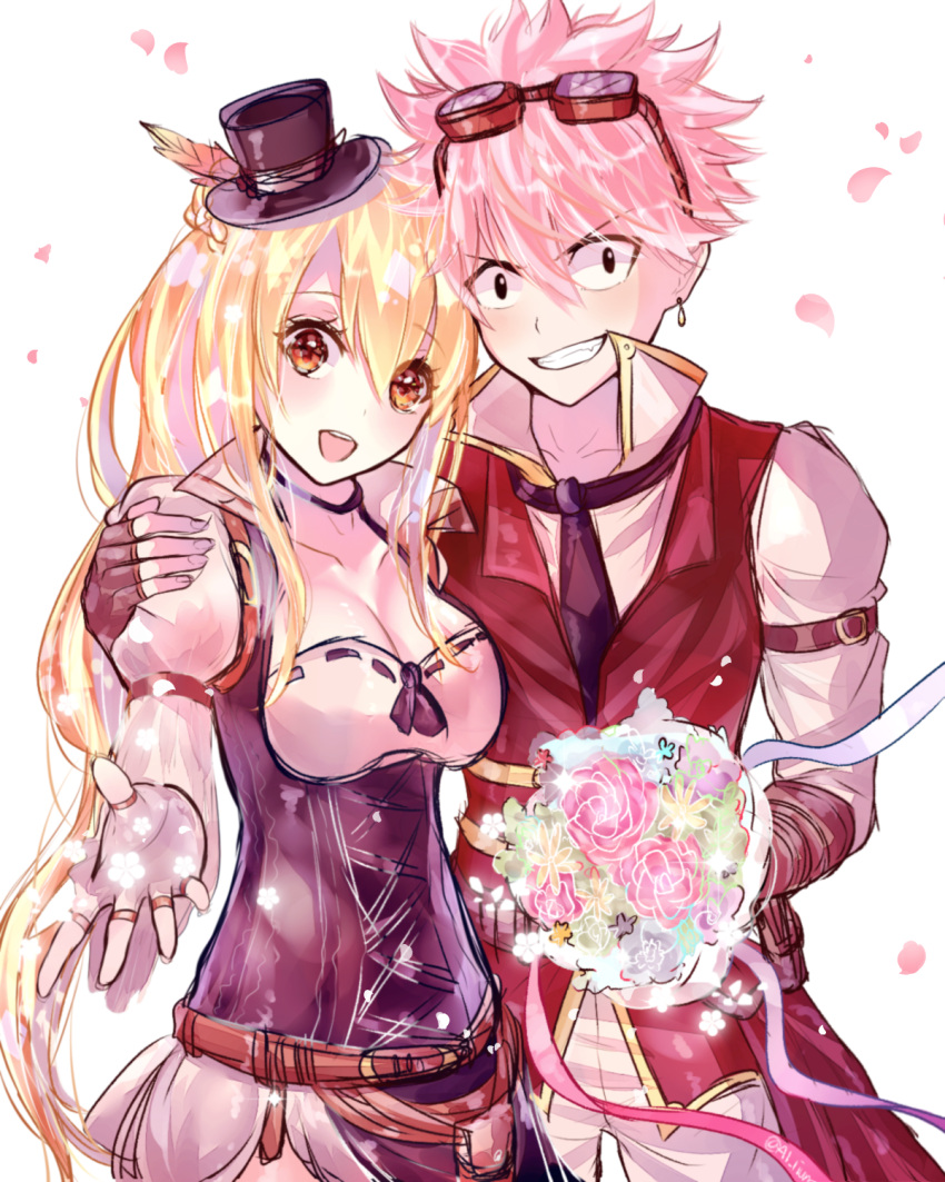 1boy 1girl black_eyes black_gloves black_necktie blonde_hair breasts brown_eyes cherry_blossoms cleavage fairy_tail fingerless_gloves glasses_on_head gloves hat highres holding_bouquet lium long_hair lucy_heartfilia mini_hat natsu_dragneel open_mouth pink_hair ribbon short_hair simple_background spiky_hair white_background white_gloves