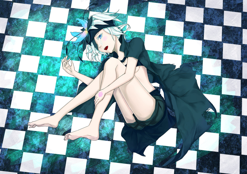 1girl agenoumi barefoot blue_eyes breasts cape checkered checkered_floor crying crying_with_eyes_open eyepatch fetal_position flamie_speeddraw flower hair_flower hair_ornament hairband highres looking_at_viewer lying midriff on_side open_mouth revision rokka_no_yuusha short_hair shorts solo streaming_tears tears under_boob white_hair