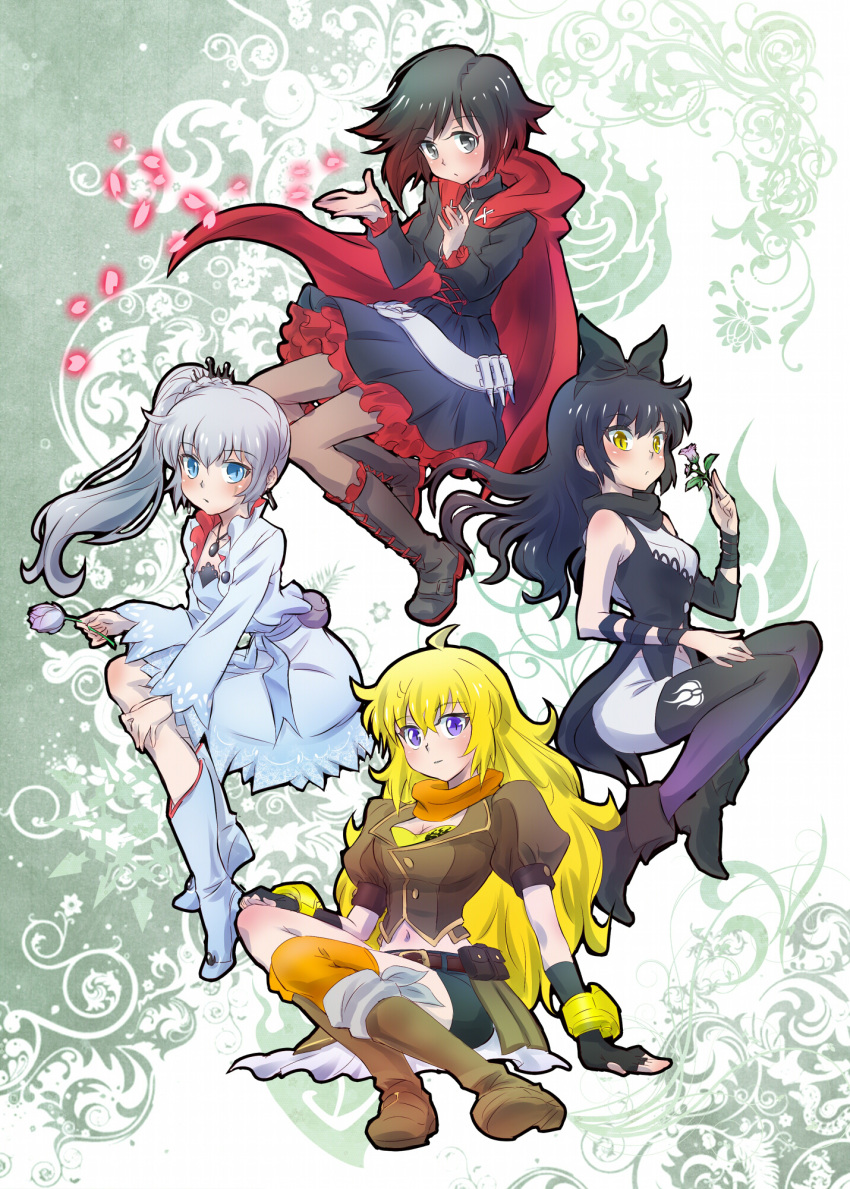 4girls ahoge belt black_hair blake_belladonna blonde_hair blue_eyes boots bow breasts bullet cape cleavage cross-laced_footwear earrings flower gradient_hair grey_eyes highres iesupa jewelry lace-up_boots multicolored_hair multiple_girls navel necklace pantyhose pouch redhead rose ruby_rose rwby scar scarf shorts side_ponytail silver_hair skirt violet_eyes weiss_schnee yang_xiao_long yellow_eyes
