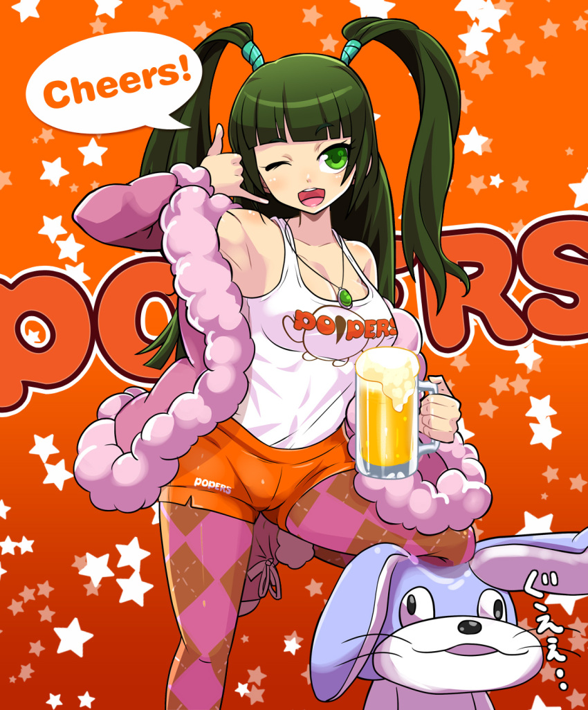 1girl alcohol argyle argyle_legwear bare_shoulders beer beer_mug blush boots brand_name_imitation breasts cleavage clothes_writing coat employee_uniform english green_eyes green_hair highres hooters jewelry large_breasts necklace one_eye_closed open_clothes open_coat open_mouth osamu_yagi pantyhose pop'n_music rabbit short_shorts shorts sleeveless smile solo stuffed_animal stuffed_toy tank_top tsurara_(pop'n_music) twintails uniform usao-kun