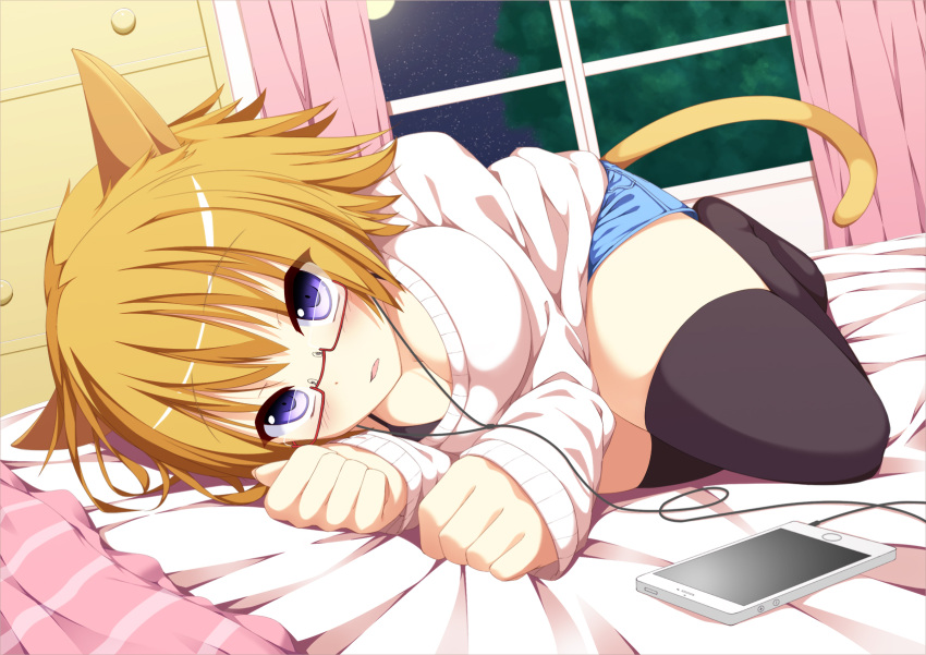 1girl animal_ears bed black_legwear blue_eyes blush breasts cat_ears cat_tail earphones earphones extra_ears highres large_breasts looking_at_viewer lying moon night on_side open_mouth original papino phone short_hair sky solo star_(sky) starry_sky tail thigh-highs window