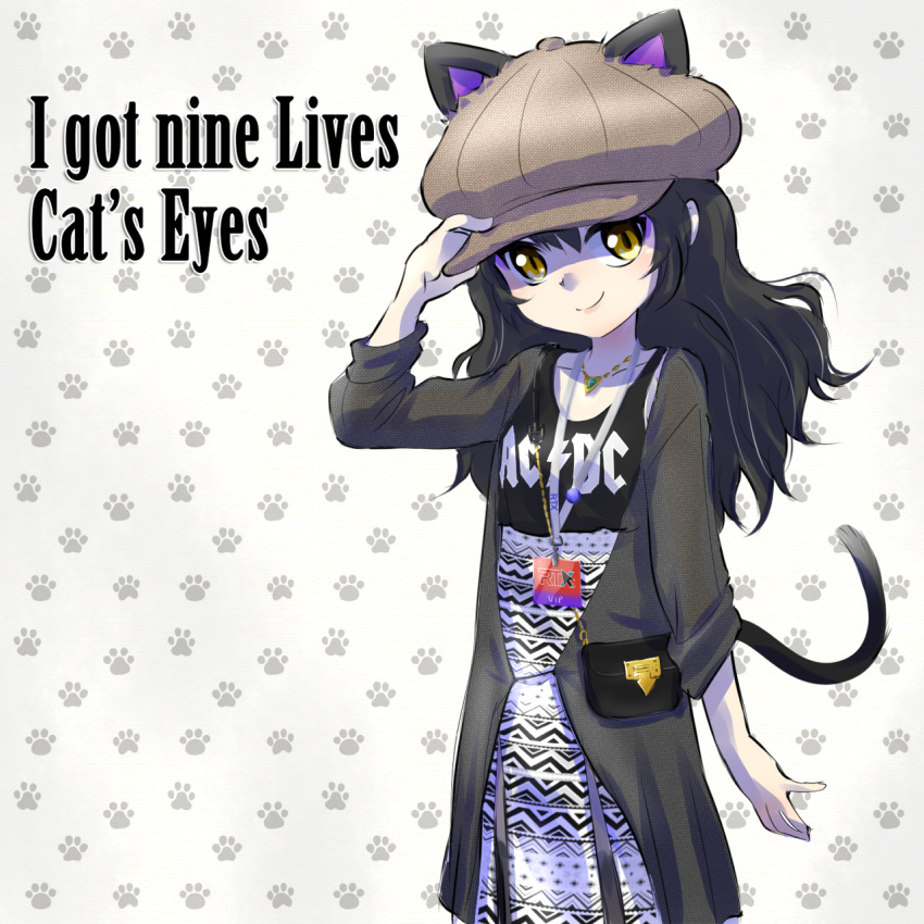 1girl acdc animal_ears bag black_hair blake_belladonna cat_ears cat_tail handbag hat highres iesupa lyrics makeup paw_print roosterteeth rwby smile tail torn_clothes yellow_eyes