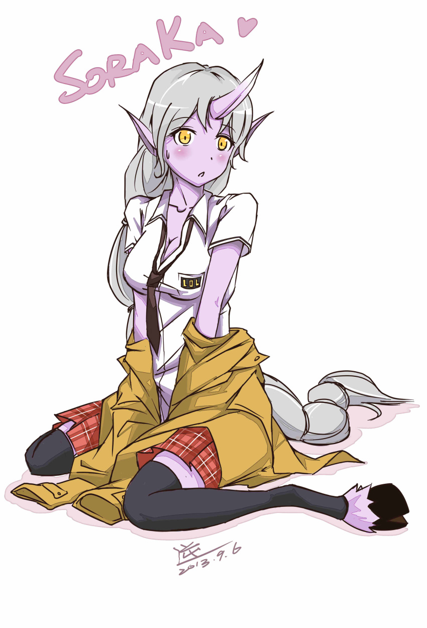1girl absurdres blush breasts character_name cleavage dated dress_shirt heart highres hooves horn jacket jacket_off_shoulders league_of_legends long_hair loose_necktie necktie plaid plaid_skirt pointy_ears ponytail purple_skin shiroi_ume shirt signature silver_hair sitting skirt solo soraka sweatdrop very_long_hair wariza yellow_eyes