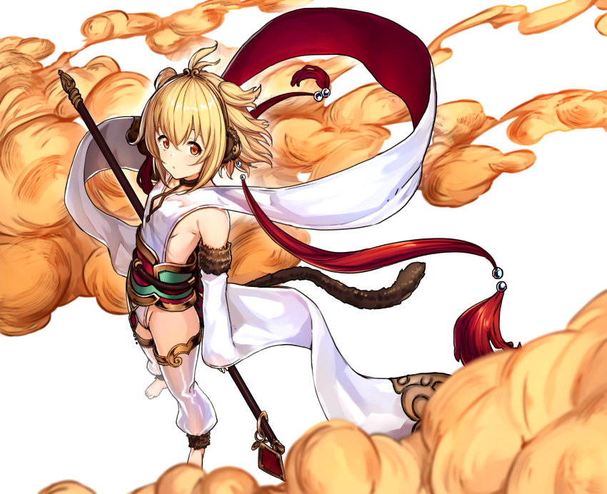 1girl absurdres anchira_(granblue_fantasy) antenna_hair argyle_cutout blonde_hair breasts choker cleavage_cutout clouds detached_pants detached_sleeves earrings from_above full_body fur_trim granblue_fantasy hagoromo hair_ornament hairband highres holding_staff holding_weapon jewelry keita_(kta0) leotard looking_at_viewer marble monkey_ears monkey_tail orange_eyes pants red_eyes sash see-through shawl short_hair sideboob small_breasts smoke solo staff standing tassel white_background white_pants