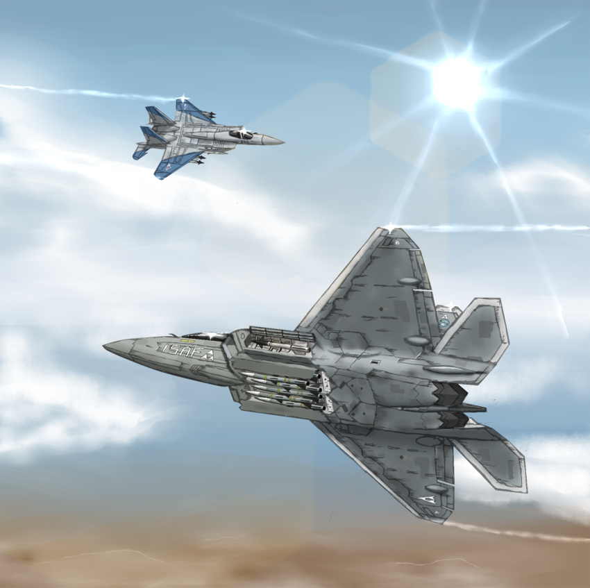 ace_combat ace_combat_04 ace_combat_zero airplane blue_sky cipher_(ace_combat) clouds commentary condensation_trail f-15_eagle f-22_raptor fighter_jet glint highres isaf jet missile mobius_1 no_humans ragi_(00203) sky sun