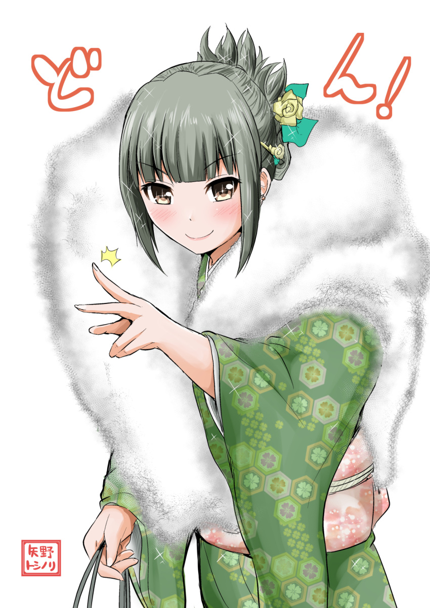 bag bangs blunt_bangs commentary_request floral_print flower folded_ponytail fur_cape furisode green_hair hair_flower hair_ornament hair_ribbon handbag highres japanese_clothes kantai_collection kimono looking_at_viewer makeup obi outstretched_hand ribbon sash smile sparkle translated wide_sleeves yano_toshinori yellow_eyes yuubari_(kantai_collection)