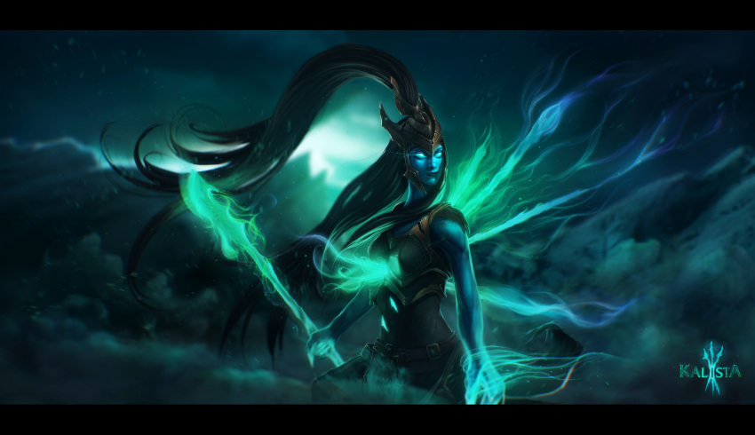 1girl black_hair black_lipstick blue_skin character_name dgatrick glowing glowing_eyes helmet highres impaled kalista league_of_legends lipstick long_hair makeup no_pupils polearm ponytail solo spear watermark weapon
