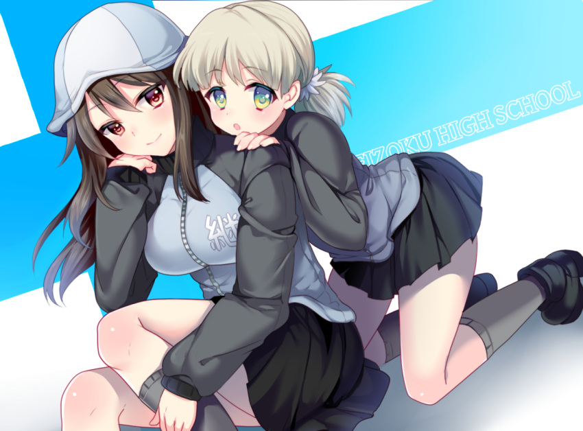 2girls aki_(girls_und_panzer) black_skirt brown_eyes brown_hair girls_und_panzer green_eyes grey_legwear hand_on_own_face hands_on_another's_shoulders hat jacket kneeling long_sleeves looking_at_viewer mika_(girls_und_panzer) miniskirt multiple_girls pleated_skirt shoes short_hair short_twintails sitting skirt smile socks track_jacket twintails uzura_moimoi