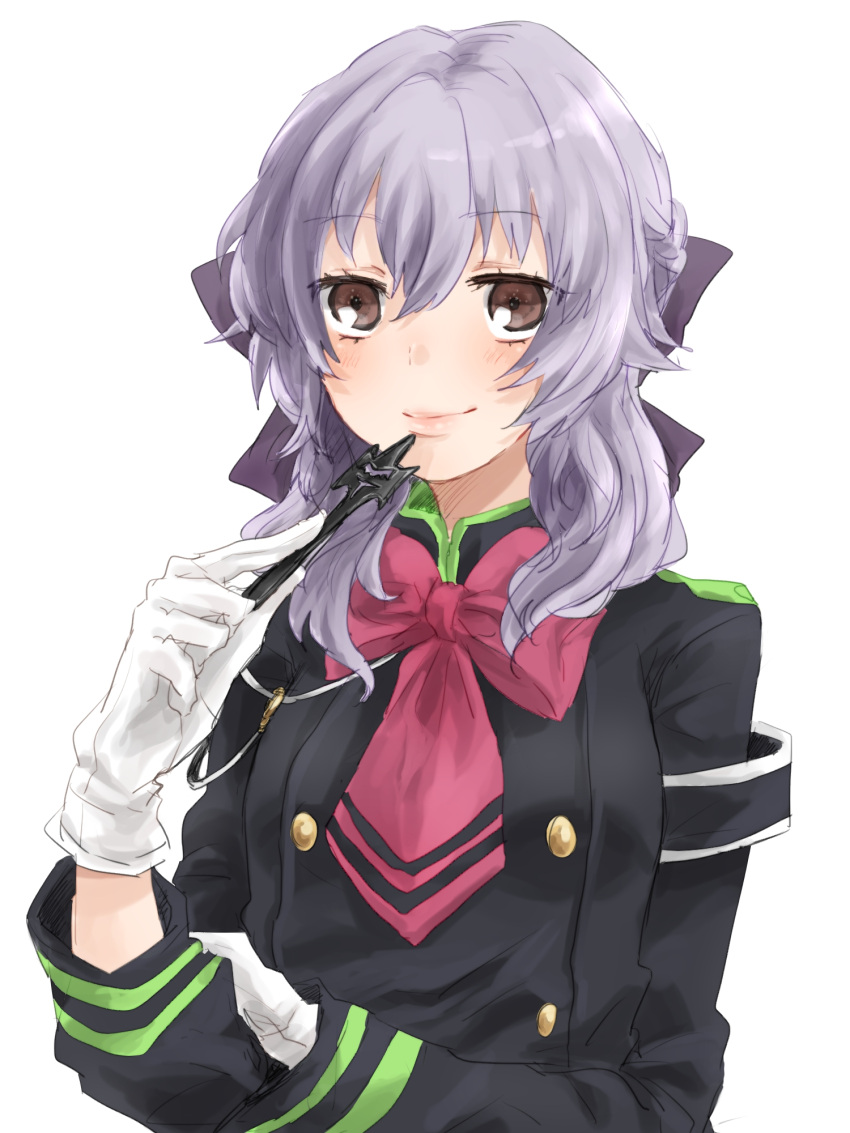 blush brown_eyes hiiragi_shinoa key long_hair odango owari_no_seraph ribbon uniform violet_hair