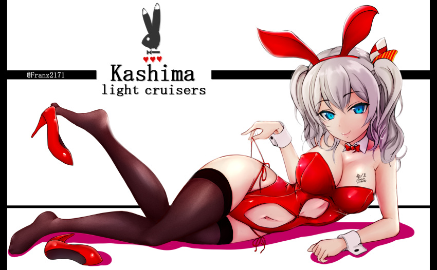 1girl alternate_costume animal_ears bangs bare_shoulders black_legwear blue_eyes body_writing bow breasts bunny_girl character_name cleavage closed_mouth detached_collar eyebrows fake_animal_ears franz_(217franz) grey_hair hairband heart high_heels highres kantai_collection kashima_(kantai_collection) large_breasts leg_up leotard long_hair looking_at_viewer lying navel navel_cutout no_shoes on_side panties pillarboxed playboy pulling rabbit rabbit_ears red_bow red_bowtie red_panties red_shoes shoes shoes_removed side-tie_panties signature smile solo stomach strapless strapless_leotard striped thigh-highs twintails twitter_username underwear white_background wrist_cuffs
