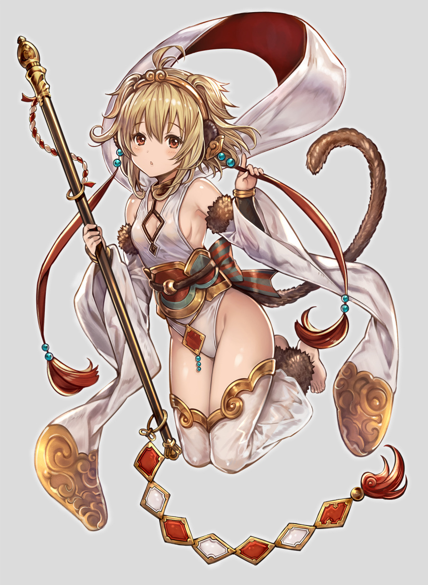 1girl :o ahoge anchira_(granblue_fantasy) bare_shoulders barefoot blonde_hair blush breasts brown_eyes detached_sleeves fur_trim granblue_fantasy hairband highres looking_at_viewer madogawa monkey_ears monkey_tail red_eyes short_hair sideboob simple_background small_breasts solo staff thigh-highs