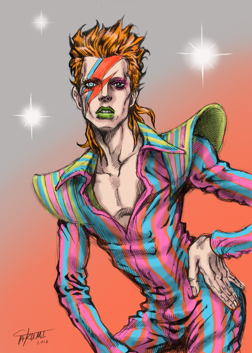 1boy blue_eyes commentary david_bowie eyelashes facepaint green_eyes hand_on_hip heterochromia highres jojo_no_kimyou_na_bouken lipstick looking_at_viewer makeup orange_hair parody shirt solo striped striped_shirt style_parody takumi_(marlboro) vertical-striped_shirt vertical_stripes