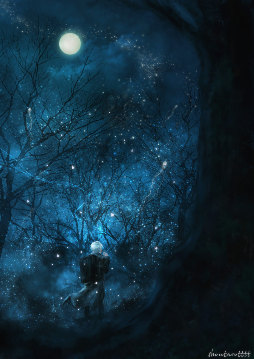 1boy artist_name back backpack bag bare_tree blue blue_hair cigarette clouds coat fireflies forest ginko glowing highres jellyfish long_sleeves male_focus moon mushishi nature night night_sky shoutarotttt signature sky smoke smoking solo standing star_(sky) tree white_hair wind