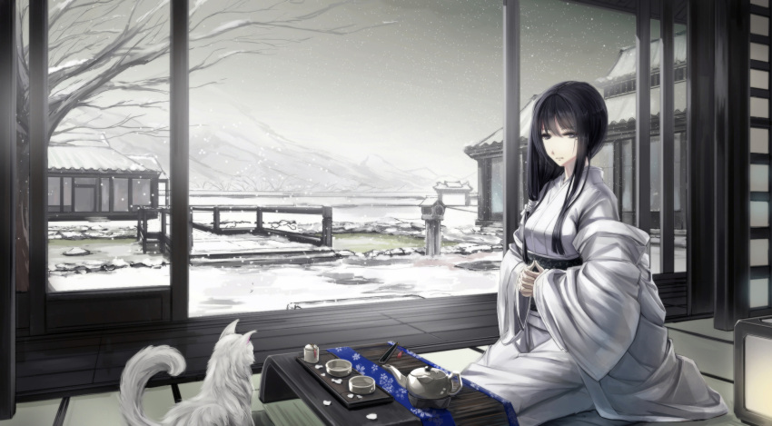 1girl architecture bangs bare_tree black_hair brown_eyes building cat clouds cloudy_sky cup east_asian_architecture expressionless fan floral_print folding_fan from_side hair_over_shoulder hands_clasped highres indoors japanese_clothes kikivi kimono lantern long_hair looking_at_viewer low_ponytail mole mole_under_eye mountain obi on_floor original paper_lantern pond sash seiza sitting sky sliding_doors snow snowing solo stone_lantern table tassel tatami teapot tray tree white white_cat white_kimono winter