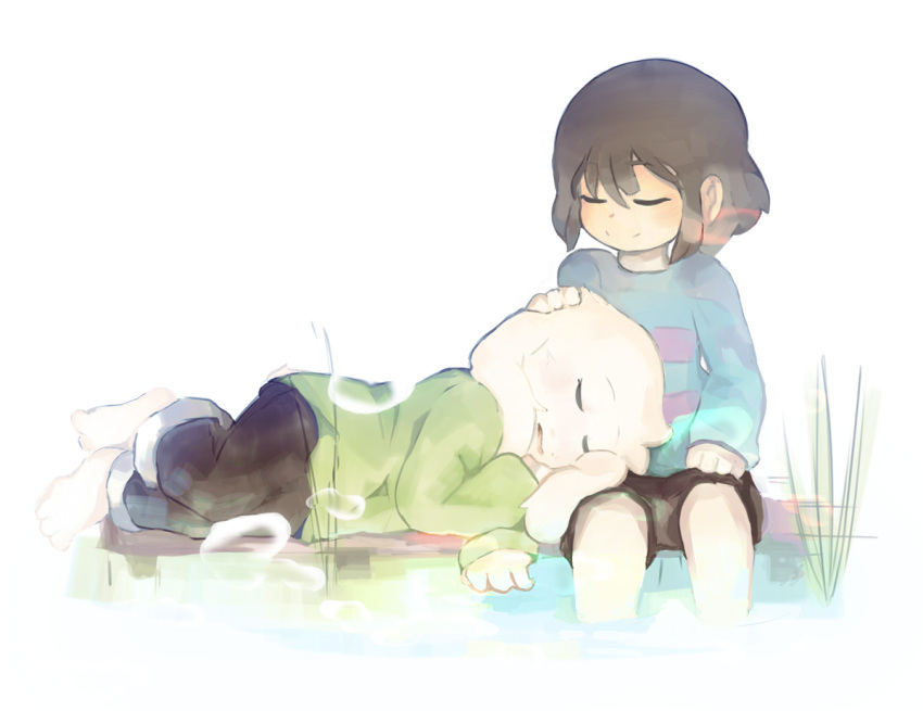 1boy androgynous asriel_dreemurr brown_hair caribun closed_eyes frisk_(undertale) hand_on_another's_head lap_pillow monster_boy shirt shorts simple_background sitting sleeping sleeping_on_person smile striped striped_shirt tagme undertale water what_if white_background