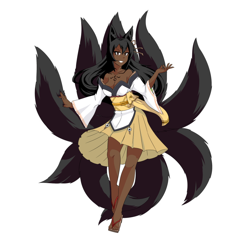 1girl absurdres alternate_color animal_ears bare_legs bare_shoulders black_hair breasts brown_eyes cleavage dark_skin fox_ears fox_tail grin highres kitsune large_breasts legs long_hair looking_at_viewer mon-musu_quest! monster_girl multiple_tails obi older sash simple_background smile solo tabi tail tamamo_(mon-musu_quest!) tattoo thundragon white_background