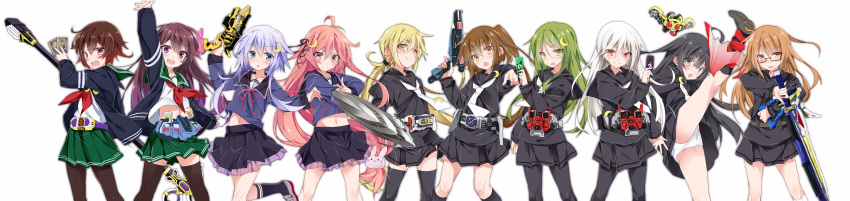 &gt;:) 6+girls :o absurdres belt black_hair black_legwear black_serafuku black_skirt blonde_hair blush brown_eyes brown_hair card commentary_request crescent crescent_hair_ornament crescent_moon_pin female fumizuki_(kantai_collection) gaia_memory glasses green_eyes green_hair gun hair_between_eyes hair_ornament highres holding holding_card holding_sword holding_weapon kamen_rider kamen_rider_555 kamen_rider_blade_(series) kamen_rider_den-o kamen_rider_den-o_(series) kamen_rider_double kamen_rider_faiz kamen_rider_fourze kamen_rider_fourze_(series) kamen_rider_kiva kamen_rider_kiva_(series) kamen_rider_leangle kamen_rider_v3_(series) kamen_rider_w kantai_collection kicking kikuzuki_(kantai_collection) kisaragi_(kantai_collection) kivat-bat_iii kneehighs loafers long_hair long_image long_sleeves looking_at_viewer lost_driver low_twintails mikazuki_(kantai_collection) mochizuki_(kantai_collection) monster mtu_(orewamuzituda) multiple_girls mutsuki_(kantai_collection) nagatsuki_(kantai_collection) neckerchief necktie one_leg_raised open_mouth parody pleated_skirt pointing pointing_at_viewer ponytail red_eyes rider_belt riderman satsuki_(kantai_collection) school_uniform serafuku shoes skirt smile standing_on_one_leg super_sentai sword thigh-highs thighs twintails uniform uzuki_(kantai_collection) very_long_hair weapon white_hair white_legwear white_necktie wide_image wings yayoi_(kantai_collection) yellow_eyes zyuden_sentai_kyoryuger