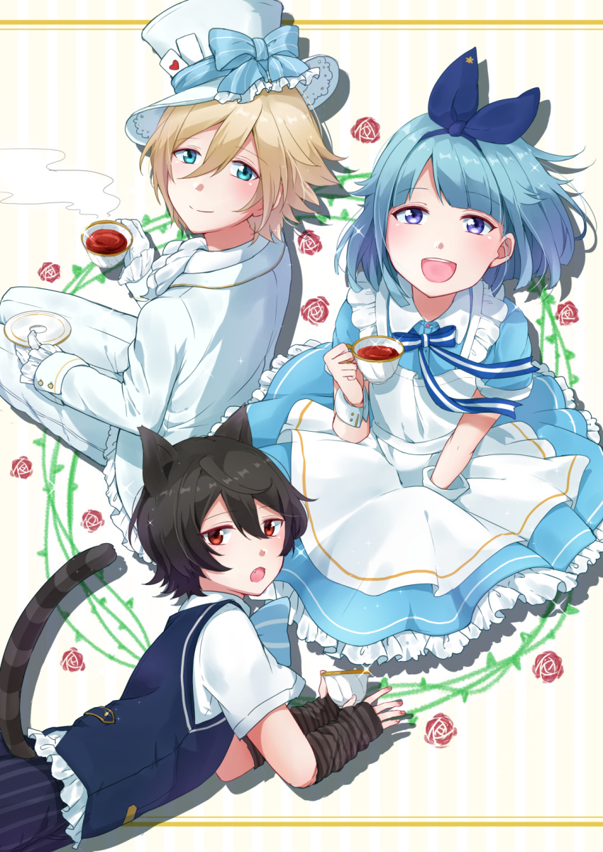 3boys alice_(wonderland) alice_(wonderland)_(cosplay) alice_in_wonderland apron aqua_eyes black_hair blonde_hair blue_hair blush cheshire_cat cheshire_cat_(cosplay) cosplay crossdressinging cup dress ensemble_stars! gloves hair_ribbon highres koji_miruku mad_hatter mad_hatter_(cosplay) male_focus multiple_boys otoko_no_ko red_eyes ribbon sakuma_ritsu shino_hajime short_hair smile tenshouin_eichi vest violet_eyes white_gloves