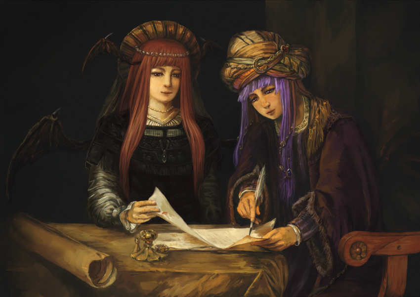 2girls amibazh bangs beads blunt_bangs chair closed_mouth dark demon_wings fine_art_parody fur_trim gem hair_ornament head_wings headdress holding_paper holding_pen jewelry koakuma long_hair long_sleeves multiple_girls multiple_wings necklace paper parody patchouli_knowledge pendant purple_hair quill red_eyes scroll touhou turban upper_body vertical_stripes wings wooden_table