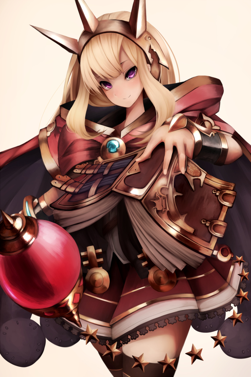 1girl black_legwear blonde_hair book cagliostro_(granblue_fantasy) granblue_fantasy highres inaba_sunimi long_hair looking_at_viewer pink_background simple_background smile solo thigh-highs thighs violet_eyes zettai_ryouiki