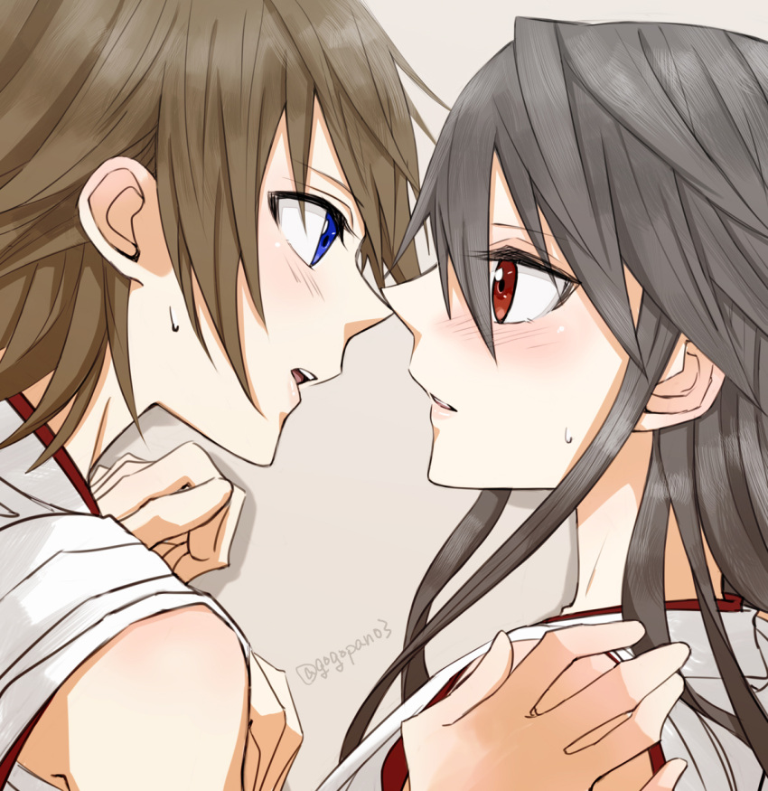 2girls black_hair blue_eyes brown_hair eye_contact gogono_pan'ya haruna_(kantai_collection) hiei_(kantai_collection) highres holding_hands incipient_kiss kantai_collection looking_at_another multiple_girls parted_lips red_eyes short_hair sweat yuri