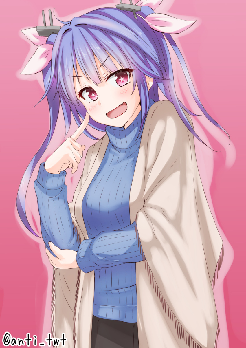 alternate_costume anti_(untea9) blue_hair casual commentary fang hair_ribbon highres i-19_(kantai_collection) kantai_collection looking_at_viewer open_mouth pink_background red_eyes ribbed_sweater ribbon shawl simple_background star star-shaped_pupils sweater symbol-shaped_pupils twintails twitter_username