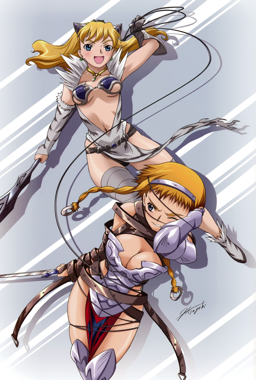2girls absurdres armor belt binding blonde_hair blue_eyes blush braid breasts buckle center_opening cleavage earrings elbow_gloves elina fur gauntlets gloves hairband highres hisayuki_hirokazu jewelry leina loincloth multiple_girls navel necklace one_eye_closed open_mouth parted_lips queen's_blade revealing_clothes siblings sisters strap sword tiger_print twin_braids weapon wince