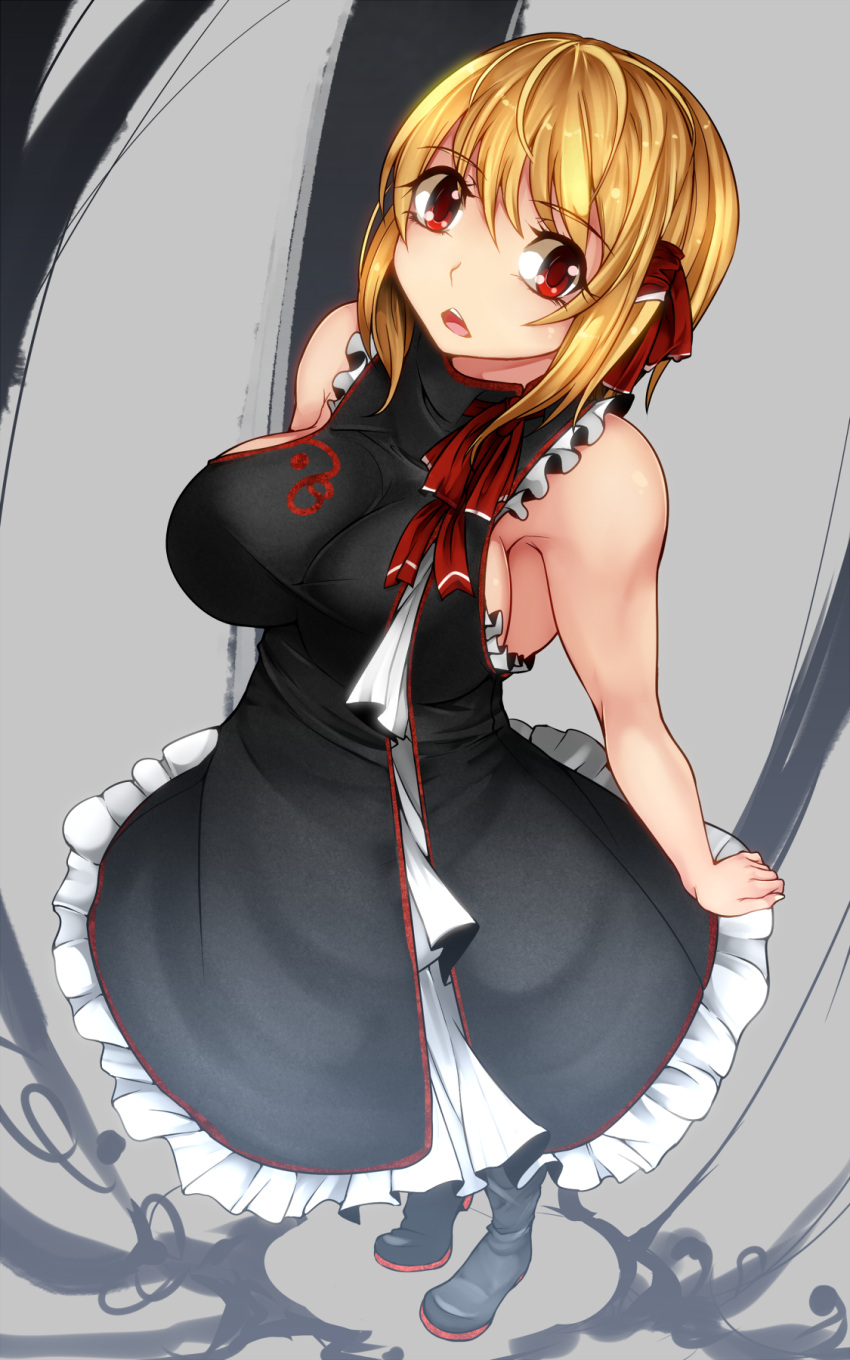 1girl adult_baby aoshima bare_arms bare_shoulders black_dress blonde_hair boots breasts commentary_request dress hair_ribbon highres large_breasts open_mouth red_eyes ribbon rumia sideboob sleeveless sleeveless_dress solo touhou