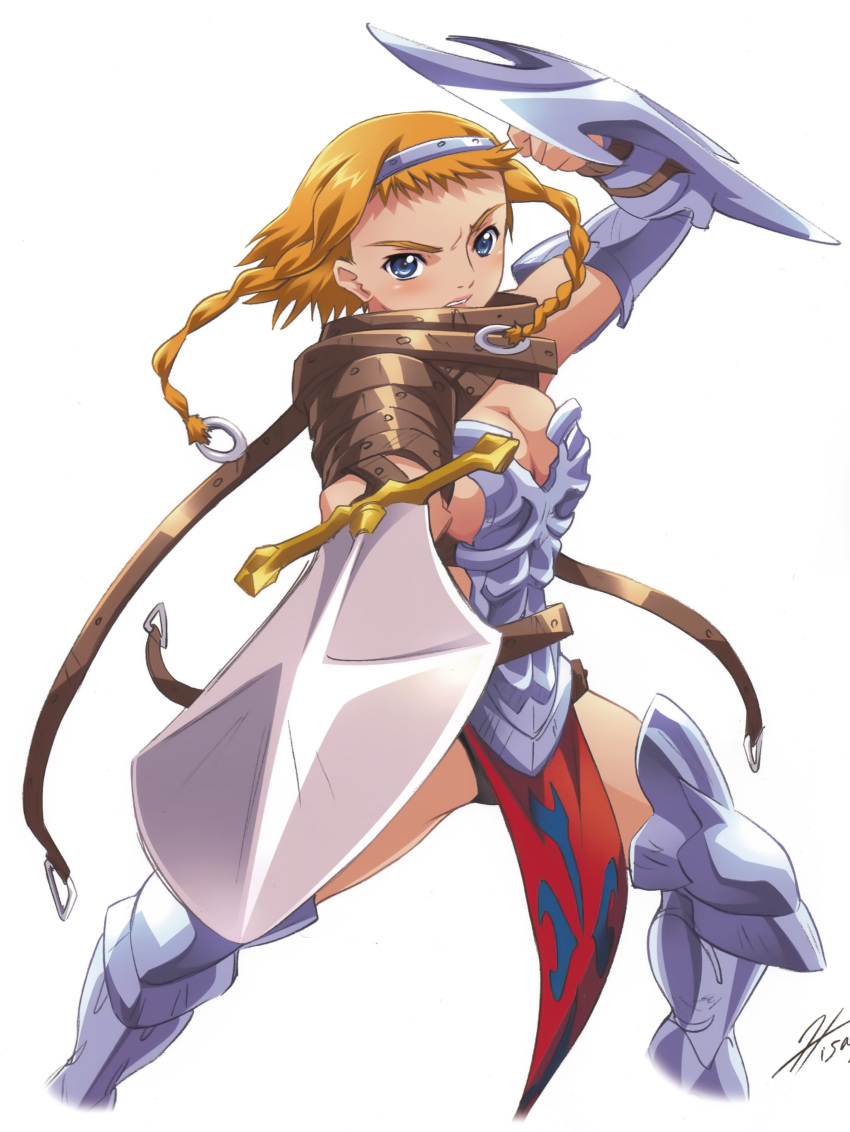 1girl absurdres aqua_eyes arm_up blonde_hair braid breasts cleavage floating_hair hairband highres holding leg_armor leina long_hair outstretched_arm parted_lips pointing pointing_at_viewer pointing_sword pose queen's_blade solo sword twin_braids weapon wide_stance