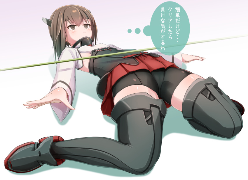 1girl bent_knees bike_shorts black_legwear brown_eyes brown_hair commentary_request flat_chest flat_gaze hair_between_eyes headband headgear kantai_collection limbo looking_up outstretched_arms panikuru_yuuto parody pleated_skirt short_hair skirt solo taihou_(kantai_collection) thigh-highs thighs translation_request wide_sleeves