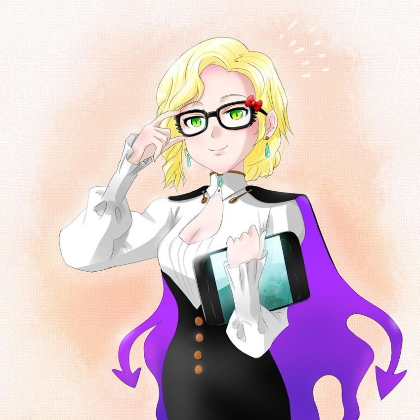 1girl blonde_hair breasts cape cleavage cleavage_cutout earrings glasses glynda_goodwitch green_eyes hello_kitty highres iesupa jewelry rwby short_hair smile solo tablet_pc