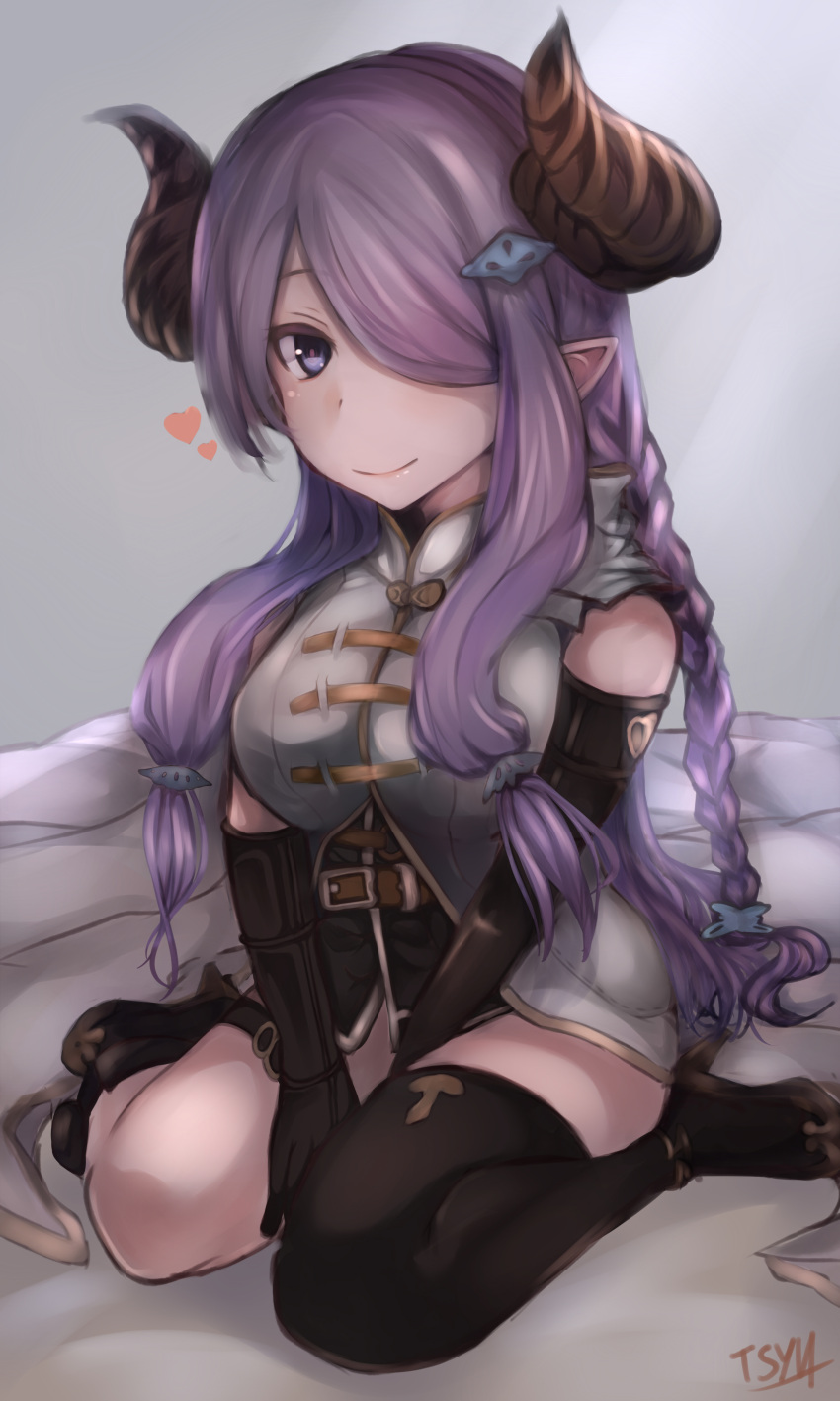 1girl absurdres bare_shoulders between_legs blue_eyes breasts demon_horns detached_sleeves elbow_gloves gloves granblue_fantasy hair_ornament hair_over_one_eye hand_between_legs highres horns large_breasts lavender_hair long_hair looking_at_viewer narumeia_(granblue_fantasy) pointy_ears single_thighhigh sitting smile solo thigh-highs tsyn