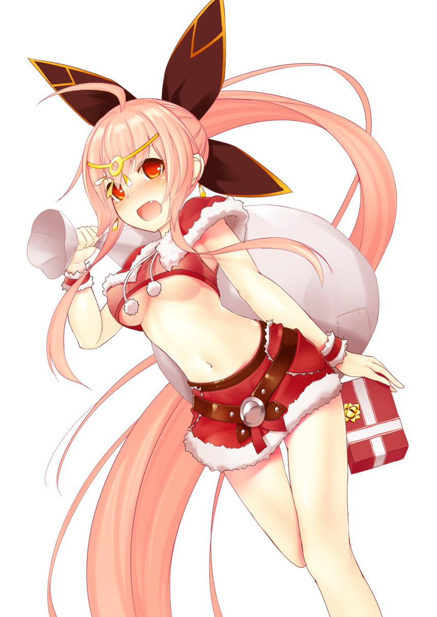 1girl ahoge bangs blush bow breasts capelet circlet dobunezumi elsword fang gift hair_bow highres ignia_(elsword) leg_up long_hair looking_at_viewer navel open_mouth pink_hair pom_pom_(clothes) red_eyes sack santa_costume simple_background solo under_boob very_long_hair white_background wrist_cuffs