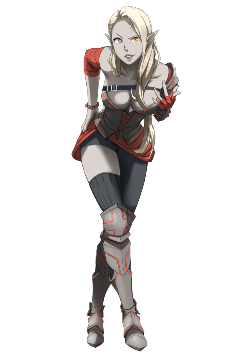 1girl blonde_hair breasts cleavage elezen elf final_fantasy final_fantasy_xiv highres imdsound long_hair pointy_ears single_thighhigh solo thigh-highs yellow_eyes