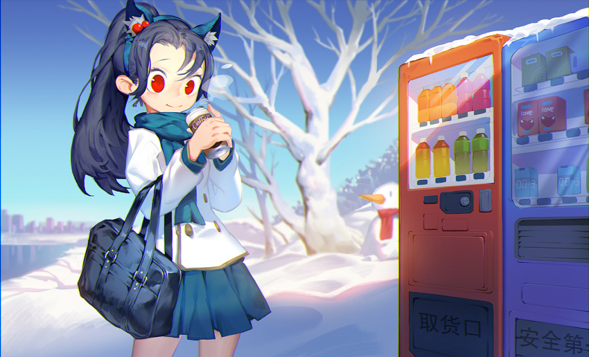 1girl animal_ears bag bare_tree black_hair blue_scarf blue_sky bottle box breath building canned_coffee carrot coat coffee cowboy_shot fake_animal_ears guodu_jiang hairband holding_cup ice long_hair long_sleeves looking_at_viewer original outdoors package plant pleated_skirt ponytail red_eyes red_scarf scarf school_bag school_uniform skirt sky smile snow snowman solo standing tree vending_machine water