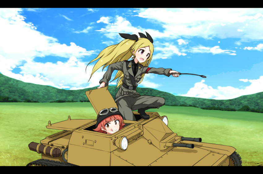 &gt;:q 2girls :d asterisk_(artist) belt blonde_hair blue_sky brown_eyes cannon emily_stewart eyebrows eyebrows_visible_through_hair field forest grass hair_ribbon idolmaster idolmaster_million_live! long_hair military military_uniform military_vehicle multiple_girls nature open_mouth outdoors plant pointer pointing redhead ribbon short_hair sky smile squatting tagme tank tongue tongue_out tree twintails uniform vehicle very_long_hair violet_eyes