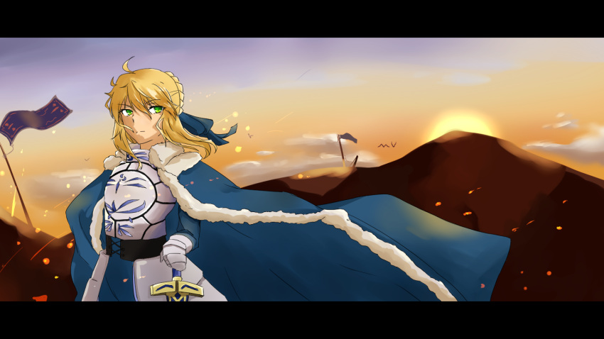 1girl ahoge armor armored_dress blonde_hair fate/stay_night fate_(series) green_eyes highres letterboxed saber sword weapon