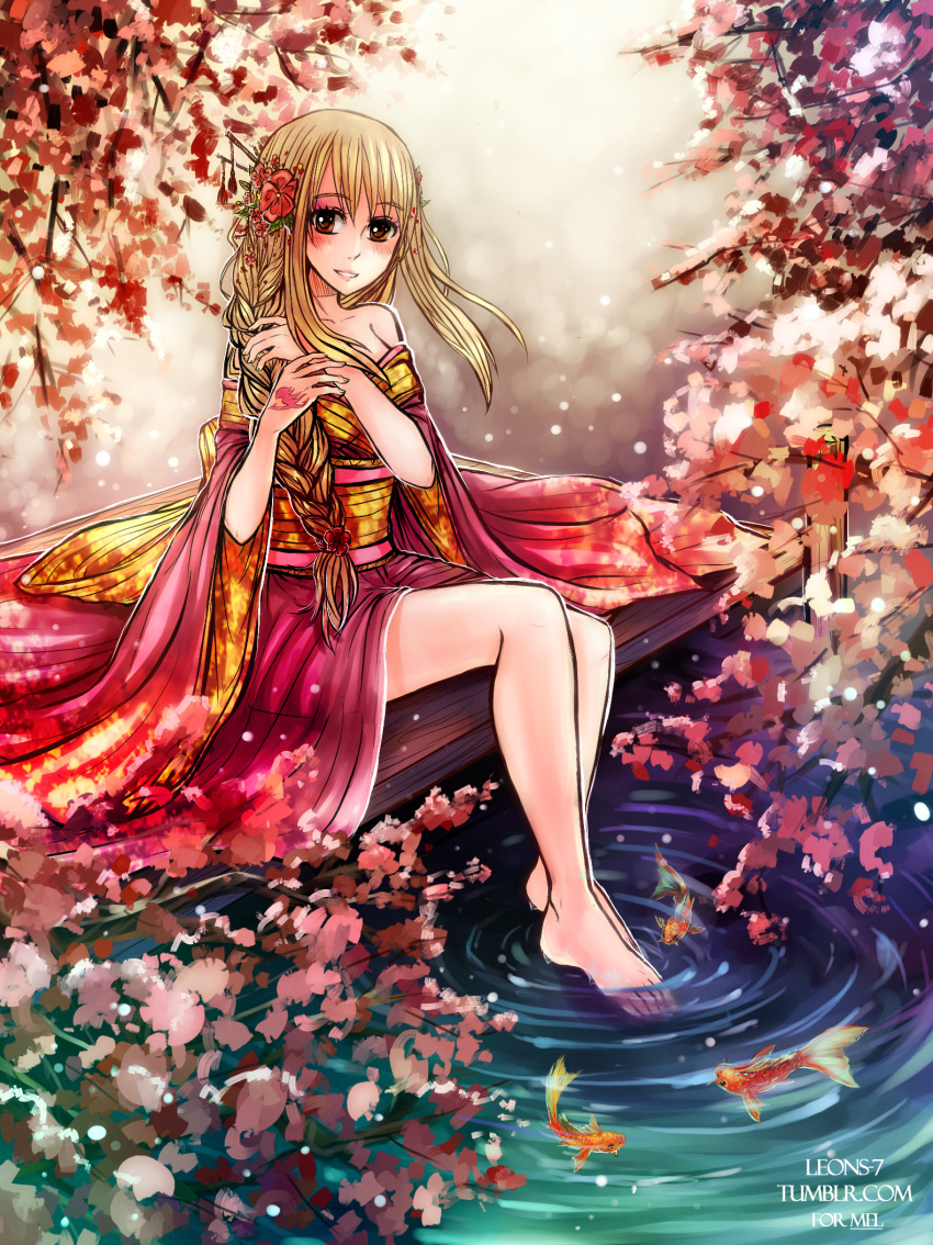1girl barefoot blonde_hair braid brown_eyes fairy_tail fish flower hair_flower hair_ornament highres japanese_clothes leonstar long_hair looking_at_viewer lucy_heartfilia outdoors solo water