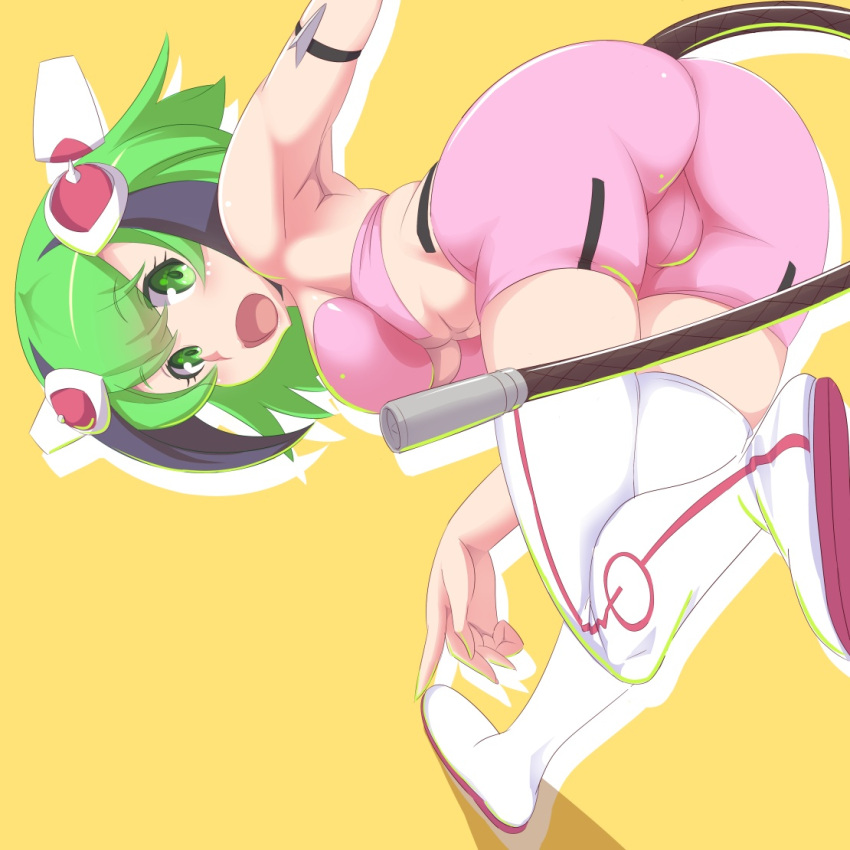 1girl android arm_strap ass bent_over bike_shorts black_hair boots breasts dimension_w green_eyes green_hair headgear katuhata large_breasts looking_at_viewer multicolored_hair open_mouth short_hair simple_background solo streaked_hair tail thigh-highs two-tone_hair yurizaki_mira