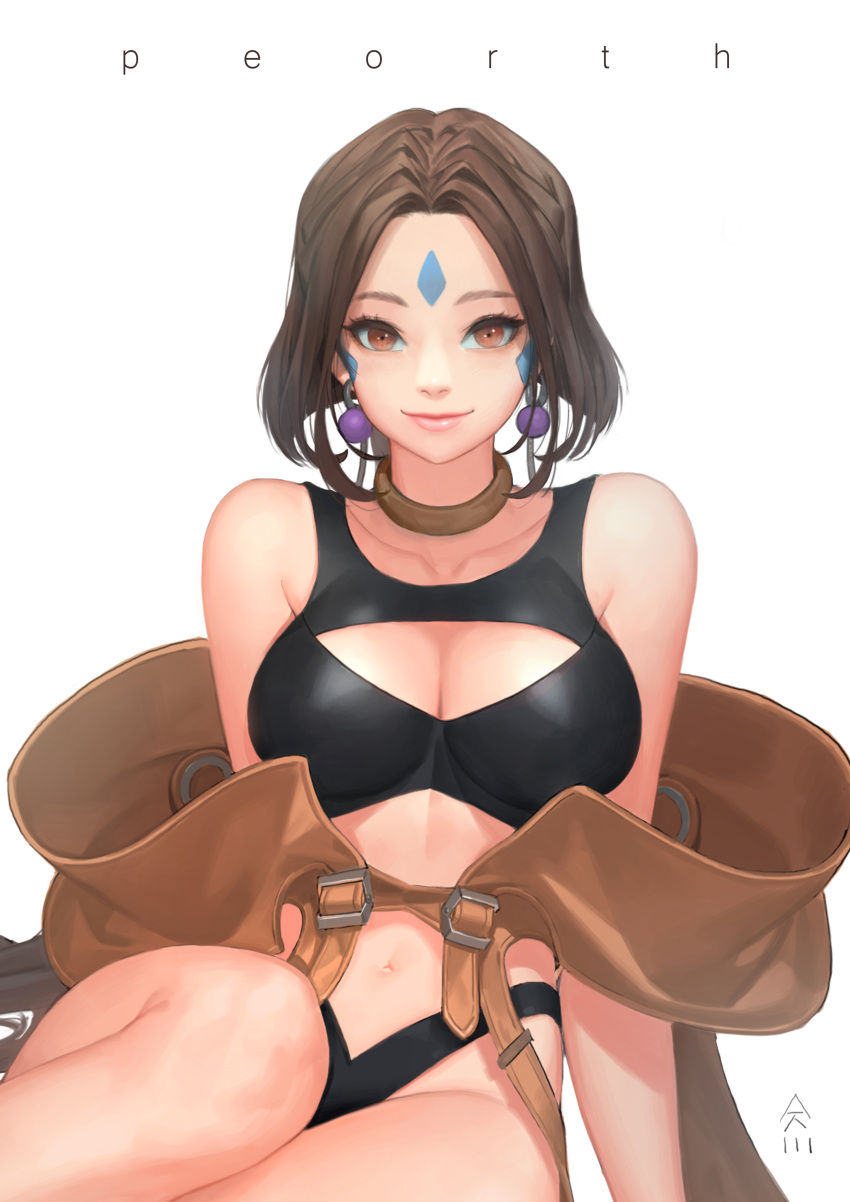 1girl aa_megami-sama absurdres bare_shoulders bracelet breasts brown_eyes brown_hair character_name cherrylich cleavage earrings facial_mark fingerless_gloves forehead_mark gloves highres jewelry long_hair looking_at_viewer navel peorth ponytail sitting smile solo swimsuit very_long_hair