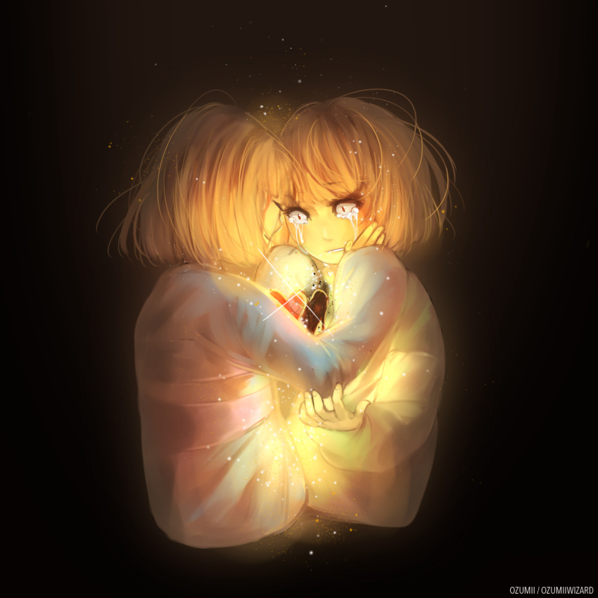 androgynous artist_name black_background brown_hair chara_(undertale) closed_eyes constricted_pupils crying crying_with_eyes_open dripping frisk_(undertale) glowing hands_on_another's_cheeks hands_on_another's_face heart highres ozumii red_eyes shirt simple_background sparkle spoilers striped striped_shirt tagme tears undertale upper_body