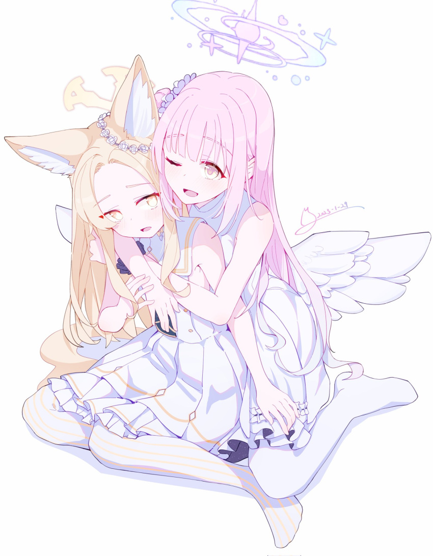 2girls 4ba_nana angel_wings animal_ears armpit_crease bangs bare_arms blonde_hair blue_archive blue_neckerchief buttons dated double-breasted dress feathered_wings flower forehead fox_ears frilled_dress frills hair_flower hair_ornament halo highres hug hug_from_behind long_hair mika_(blue_archive) multiple_girls neckerchief no_shoes one_eye_closed parted_bangs petticoat pink_eyes pink_hair seia_(blue_archive) sidelocks sitting sleeveless sleeveless_dress striped striped_thighhighs thigh-highs vertical-striped_thighhighs vertical_stripes very_long_hair wariza white_dress white_thighhighs white_wings wings yellow_eyes yokozuwari