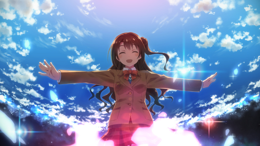 1girl ^_^ absurdres brown_hair closed_eyes highres idolmaster idolmaster_cinderella_girls long_hair one_side_up open_mouth outstretched_arms shimamura_uzuki sky smile solo spread_arms yuuki_tatsuya