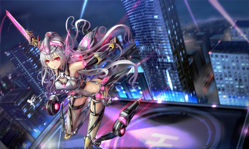 1girl albino ass_visible_through_thighs belt black_gloves blurry breasts building city covered_navel depth_of_field dutch_angle fingerless_gloves from_above gloves glowing glowing_sword glowing_weapon headgear helipad holding_sword holding_weapon long_hair looking_at_viewer machinery mecha_musume night night_sky original outdoors outstretched_arms red_eyes rooftop searchlights sideboob signature sky skyscraper sleeveless solo standing_on_one_leg sword thigh-highs very_long_hair wangchuan_de_quanyan weapon white_hair