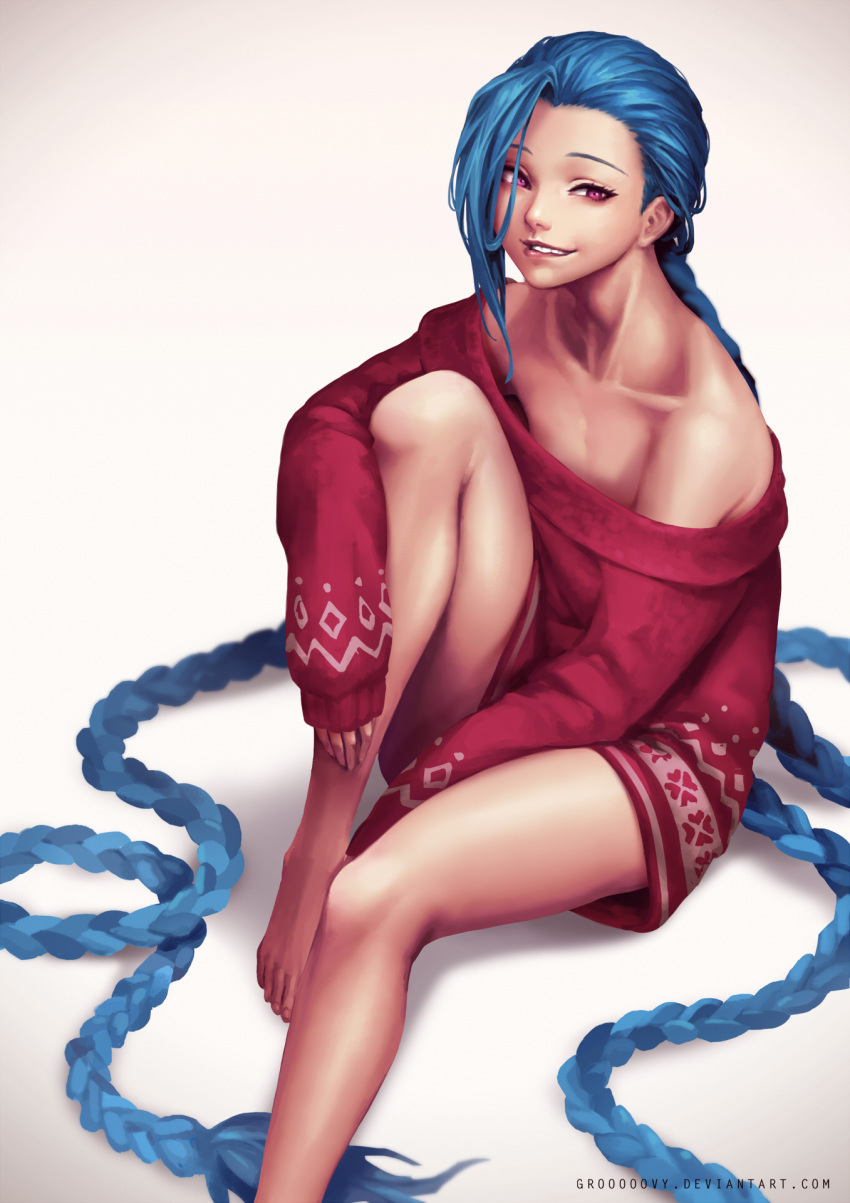 1girl absurdly_long_hair bare_shoulders barefoot biting blue_hair braid christmas flat_chest highres jinx_(league_of_legends) league_of_legends legs lip_biting long_hair looking_at_viewer off-shoulder_shirt oopartz_yang pink_eyes revision shirt smile solo sweater thighs twin_braids very_long_hair