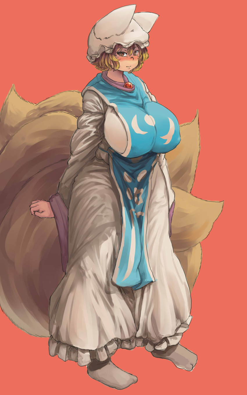 1girl absurdres arm_at_side arm_behind_back blonde_hair blush breasts brown_eyes chanta_(ayatakaoisii) covered_nipples dress fox_tail frilled_dress frills full_body hat highres huge_breasts long_sleeves looking_at_viewer multiple_tails pillow_hat short_hair side_glance simple_background slit_pupils smile solo tabard tabi tail touhou white_dress white_legwear wide_hips wide_sleeves yakumo_ran