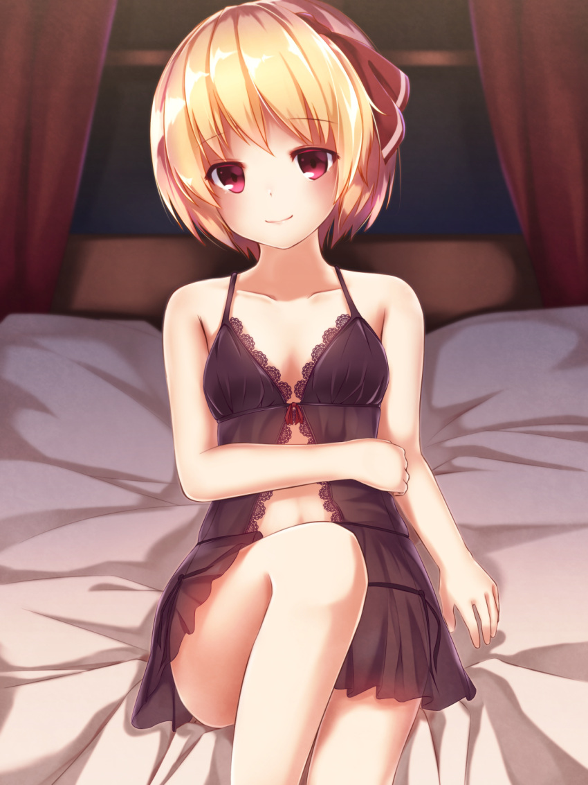 1girl alternate_costume arm_at_side babydoll bangs bed_sheet black_panties blonde_hair bow closed_mouth collarbone curtains eyebrows eyebrows_visible_through_hair hair_ornament hair_ribbon hand_on_own_stomach highres indoors lace_trim lingerie looking_at_viewer night on_bed panties pokio red_bow red_eyes red_ribbon ribbon rumia see-through short_hair side-tie_panties sitting smile solo spaghetti_strap stomach touhou underwear underwear_only upskirt window
